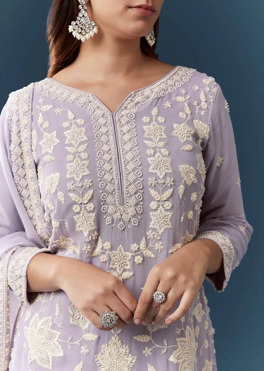 Solid Lavender Chiffon Georgette Embroider Work Salwar Suit - Image 2