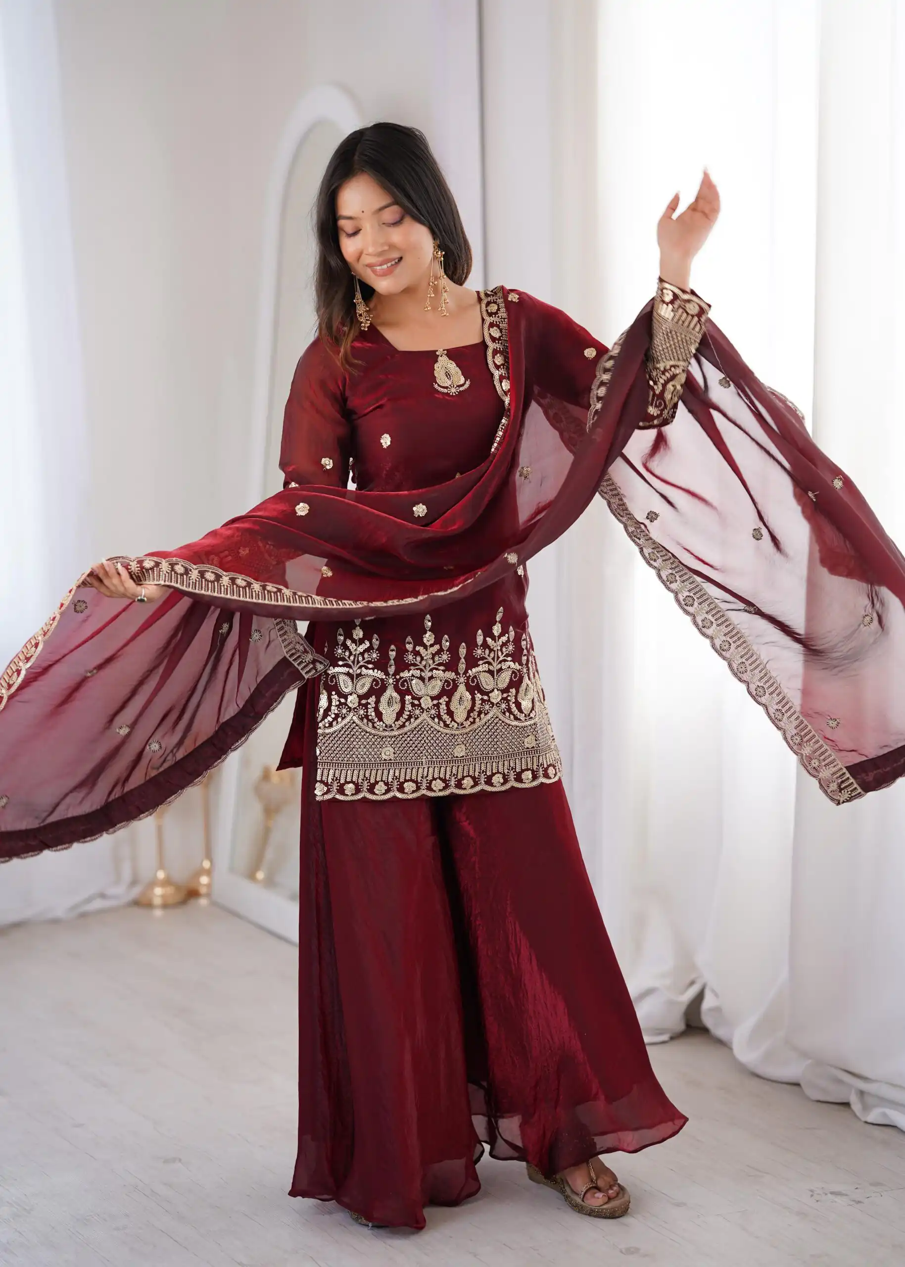 Stunning Maroon Fendy Silk Embroidery Work Salwar Suit - Image 3