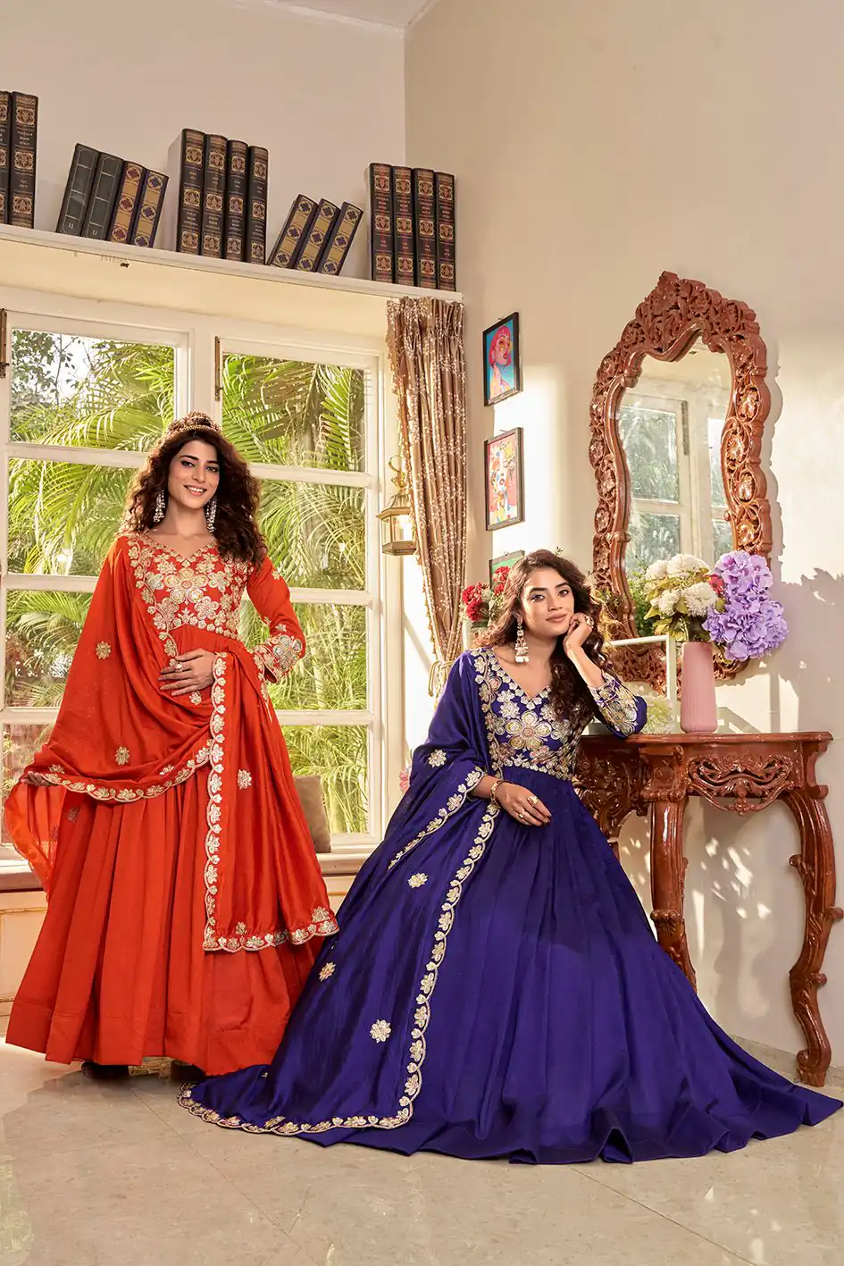 Stunning Purple Vichitra Embroider Work Gown - Image 5