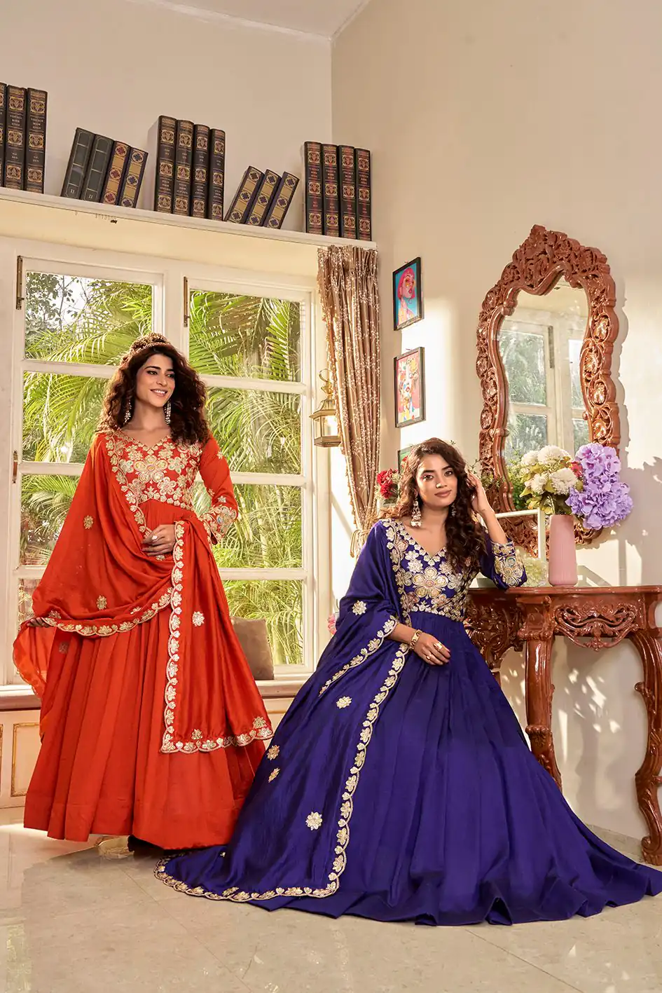 Stunning Purple Vichitra Embroider Work Gown - Image 4