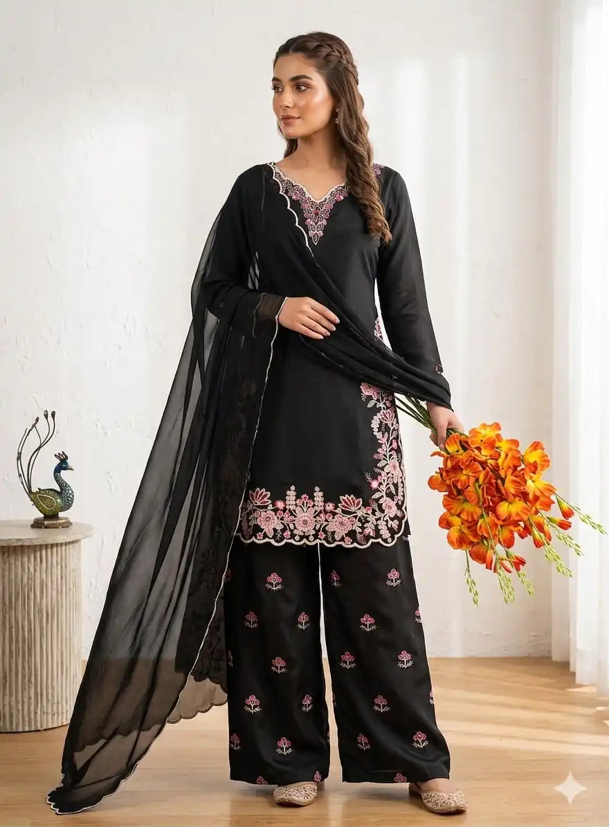 Super Black Vichitra Silk Embroidery Hand Work Salwar Suit - Image 2