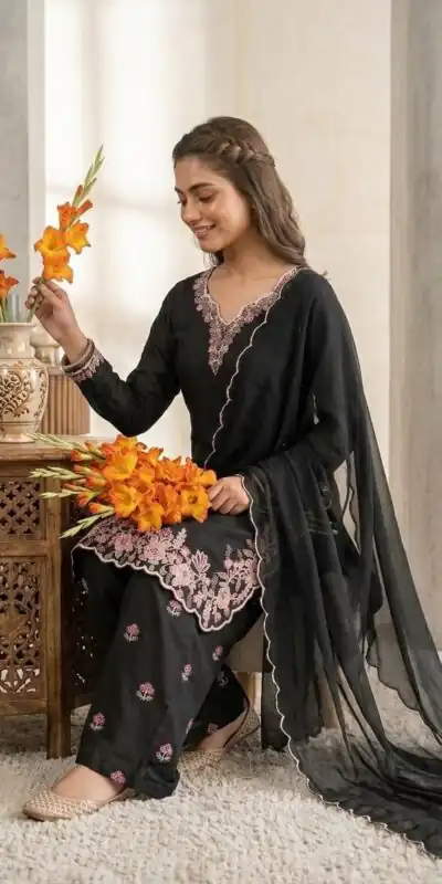 Super Black French Crape Embroidery Work Salwar Suit