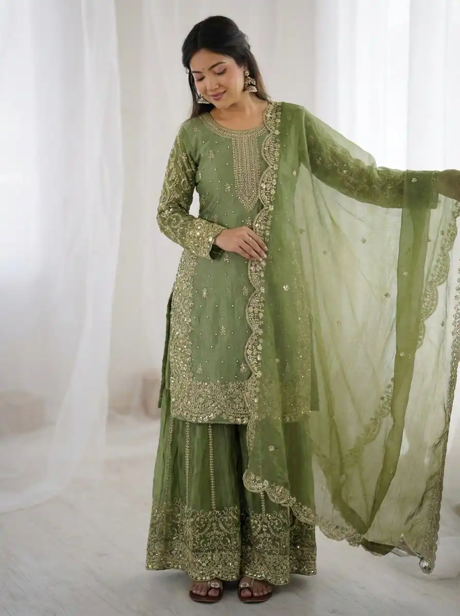 Super Green Fendy Silk Embroidery Work Salwar Suit - Image 2