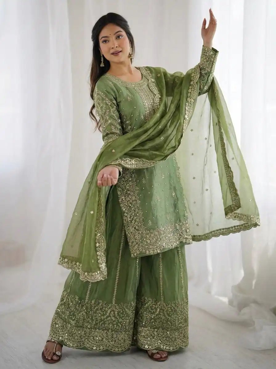 Super Green Fendy Silk Embroidery Work Salwar Suit - Image 5
