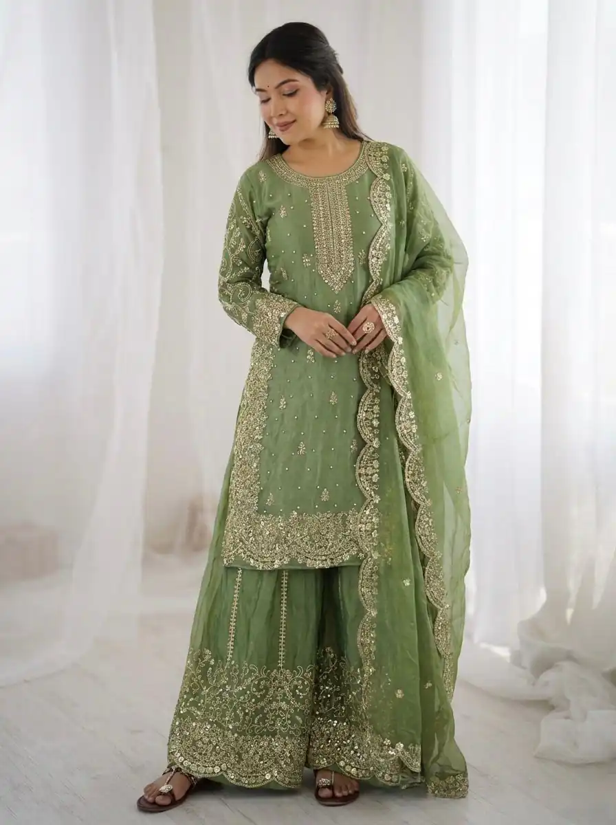 Super Green Fendy Silk Embroidery Work Salwar Suit - Image 6