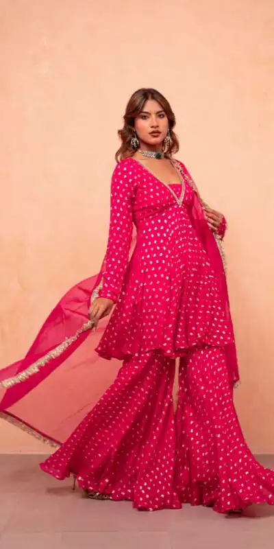 Alternative view of Super Pink Chanderi Jacquard Mirror Work Salwar Suit Suit