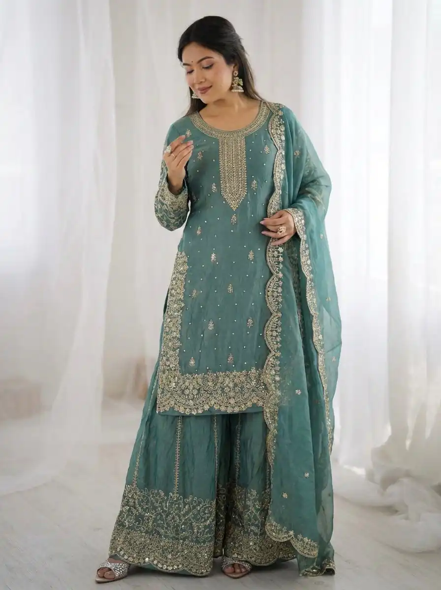 Super Sea Green Fendy Silk Embroidery Work Salwar Suit - Image 8