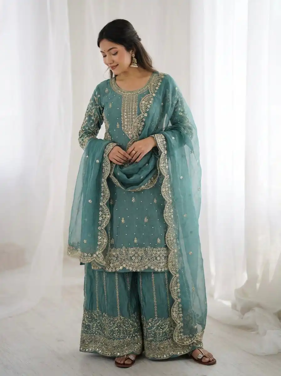 Super Sea Green Fendy Silk Embroidery Work Salwar Suit - Image 2
