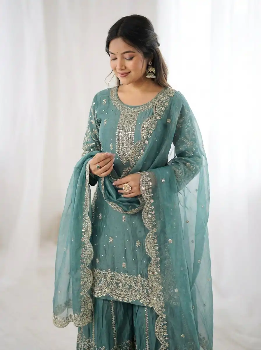 Super Sea Green Fendy Silk Embroidery Work Salwar Suit - Image 5