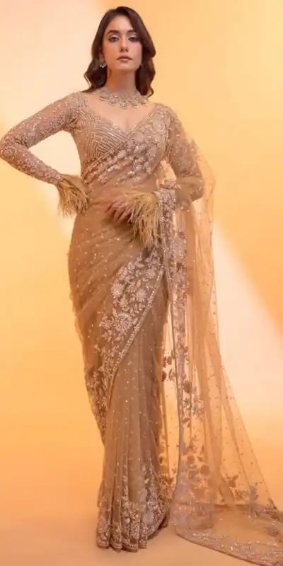 Unique Gold Butterfly Net Sequence Work Saree