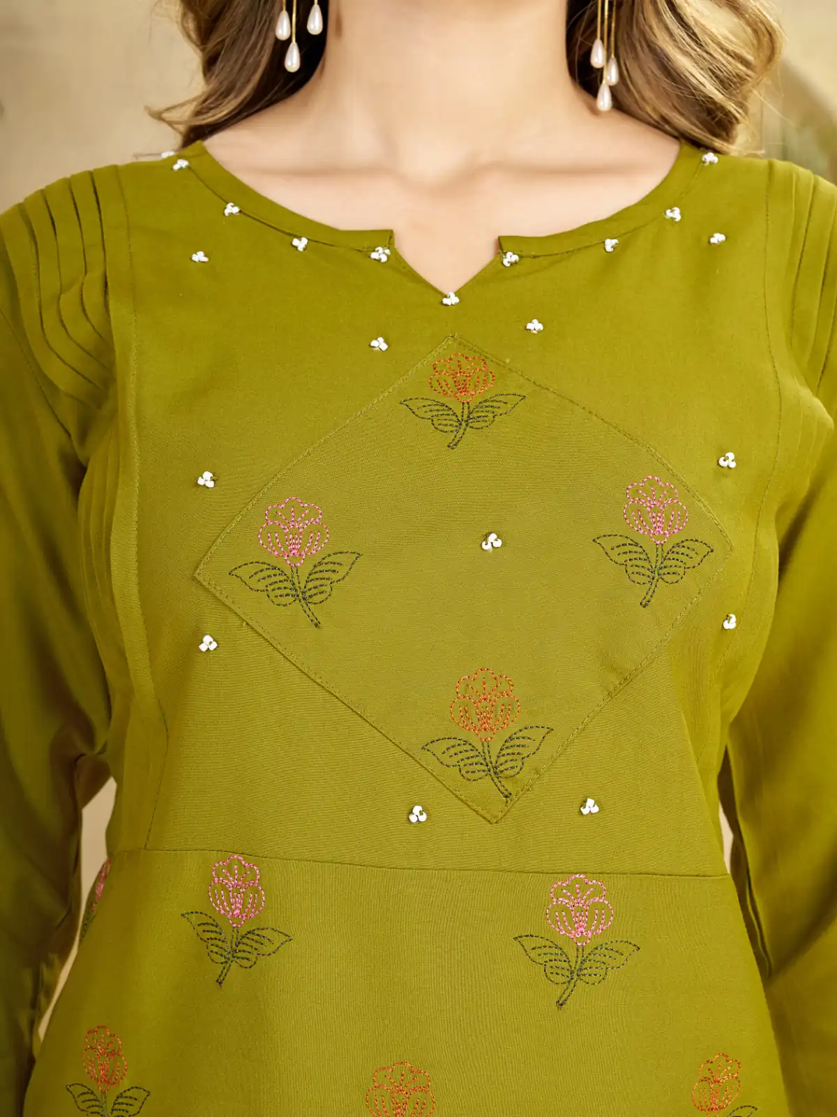 Unique Lime Green Viscose Rayon Embroidery Work Kurti - Image 3