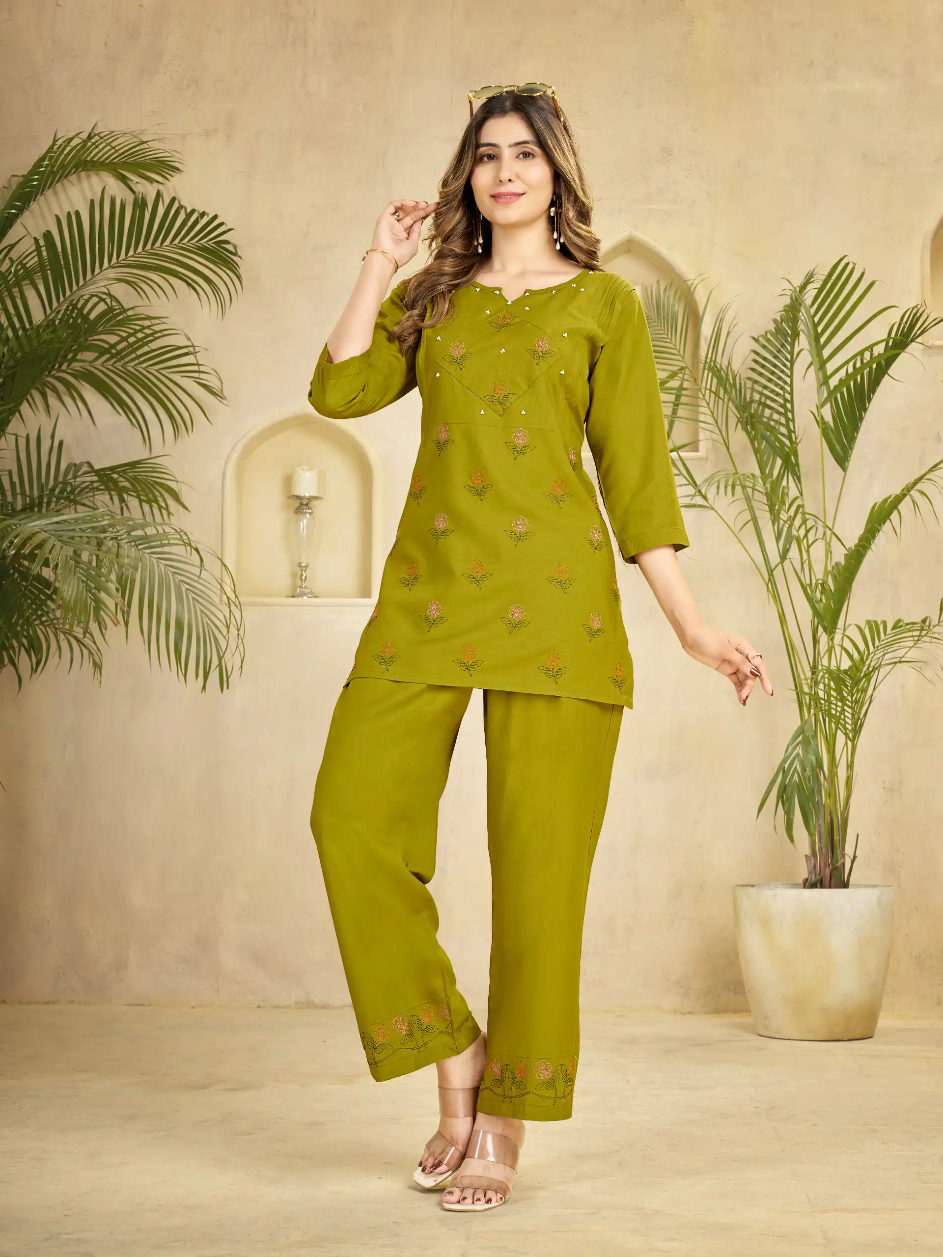 Unique Lime Green Viscose Rayon Embroidery Work Kurti