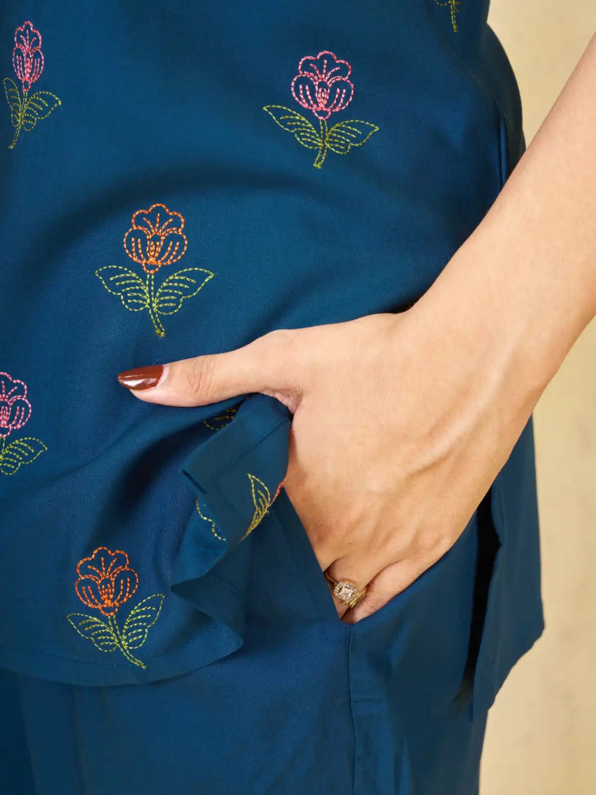Unique Teal Viscose Rayon Embroidery Work Kurti - Image 4