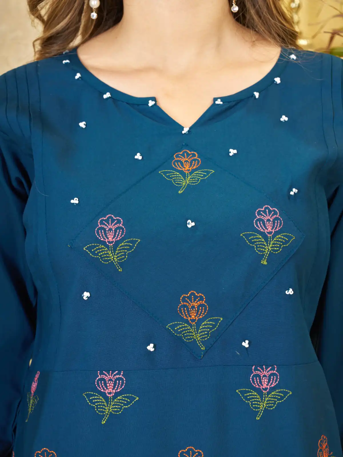 Unique Teal Viscose Rayon Embroidery Work Kurti - Image 3