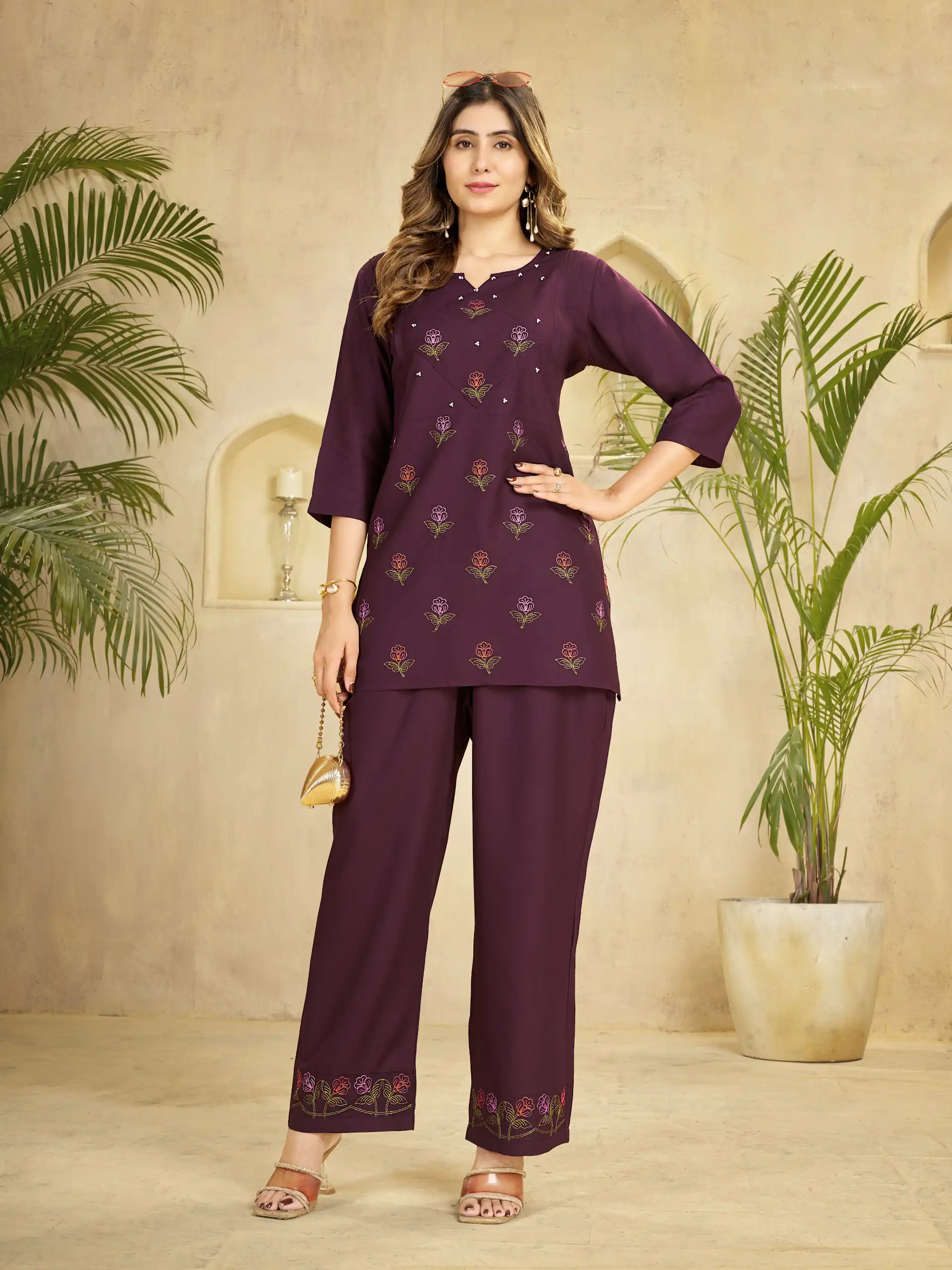 Unique Wine Viscose Rayon Embroidery Work Kurti