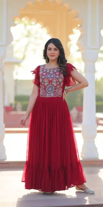 KA 1179 Maroon Faux Blooming Gown with Embroidery Work & Sequins Work. Special Price ₹1769. Delivery 4-6 Working Days. Shop now. | Gowns, Bollywood Gowns, Creative Gowns, Designer Gowns, Embroidered Gowns, Party Wear Gowns