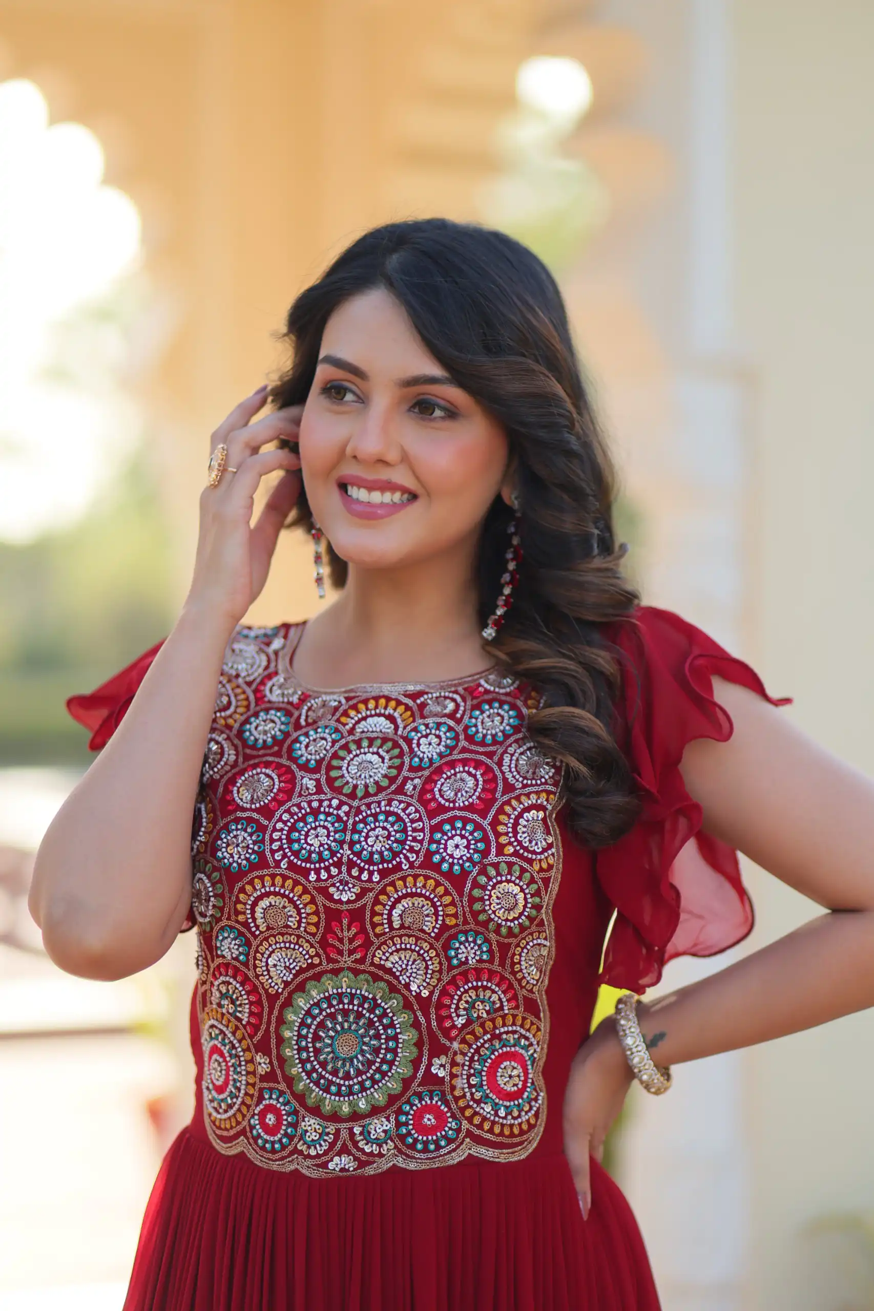 KA 1179 Maroon Faux Blooming Gown with Embroidery Work & Sequins Work. Special Price ₹1769. Delivery 4-6 Working Days. Shop now. | Gowns, Bollywood Gowns, Creative Gowns, Designer Gowns, Embroidered Gowns, Party Wear Gowns