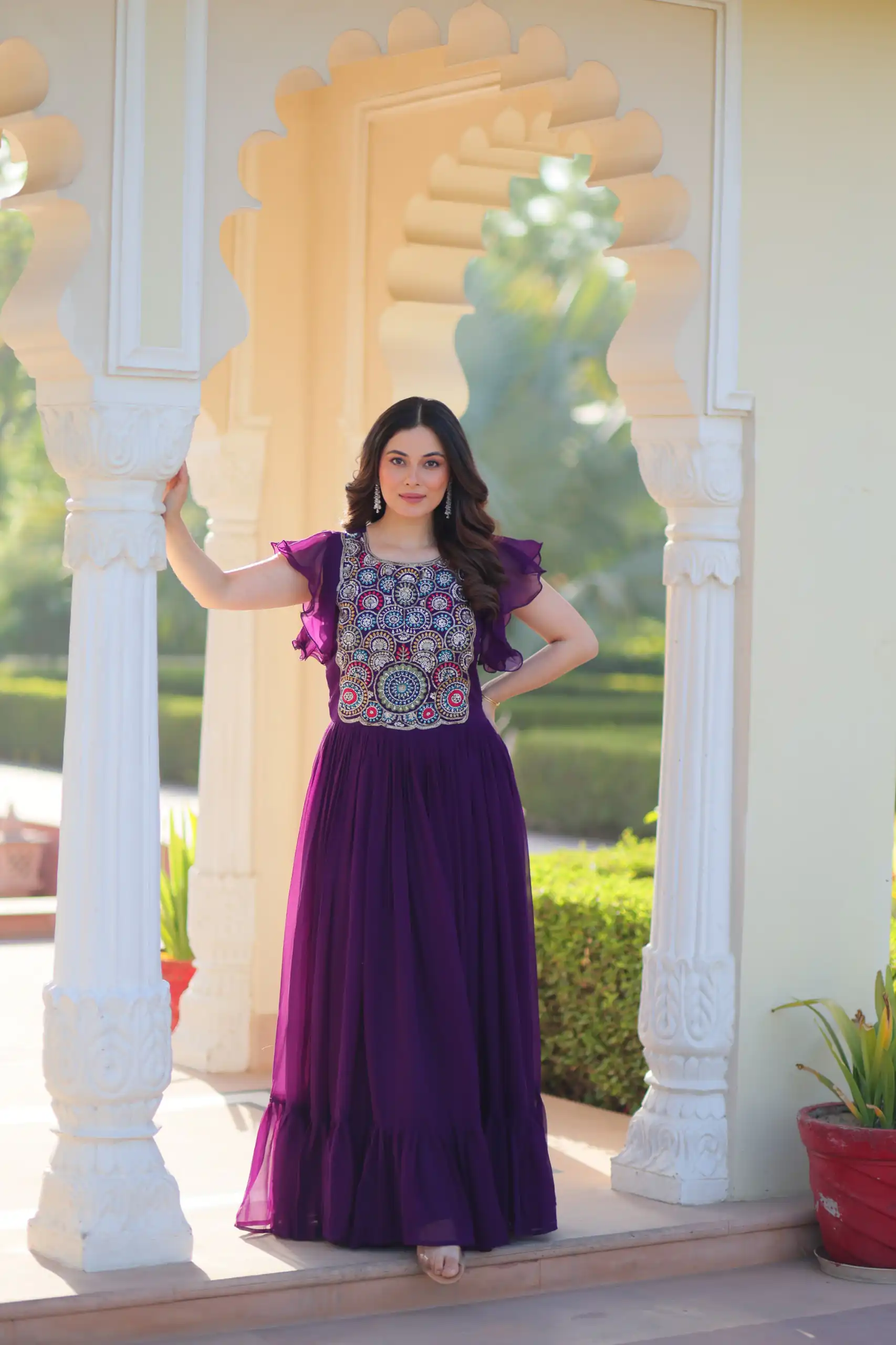 Alluring Purple Faux Blooming Embroidery Sequins Work Gown - Image 2