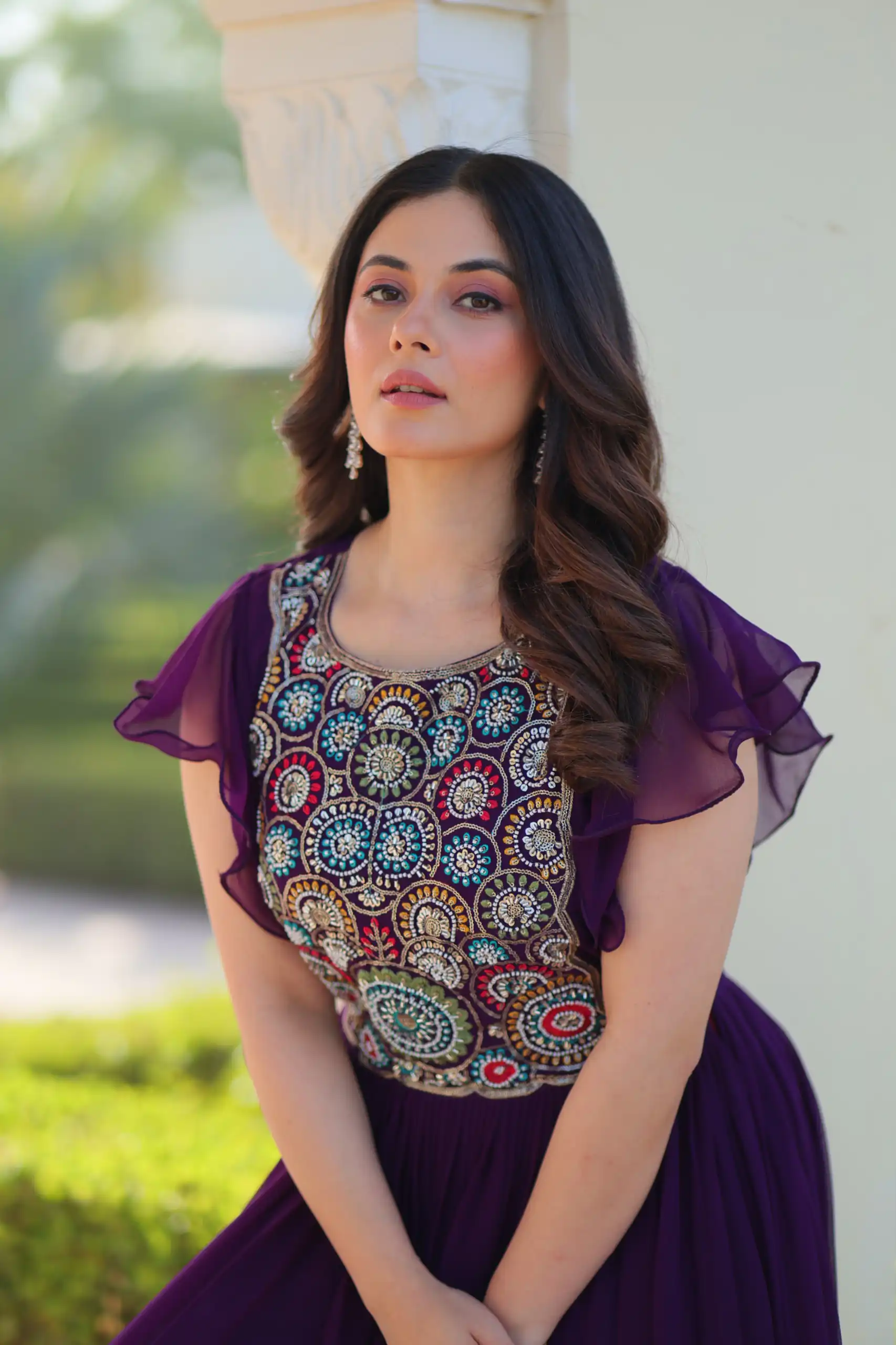 Alluring Purple Faux Blooming Embroidery Sequins Work Gown - Image 3