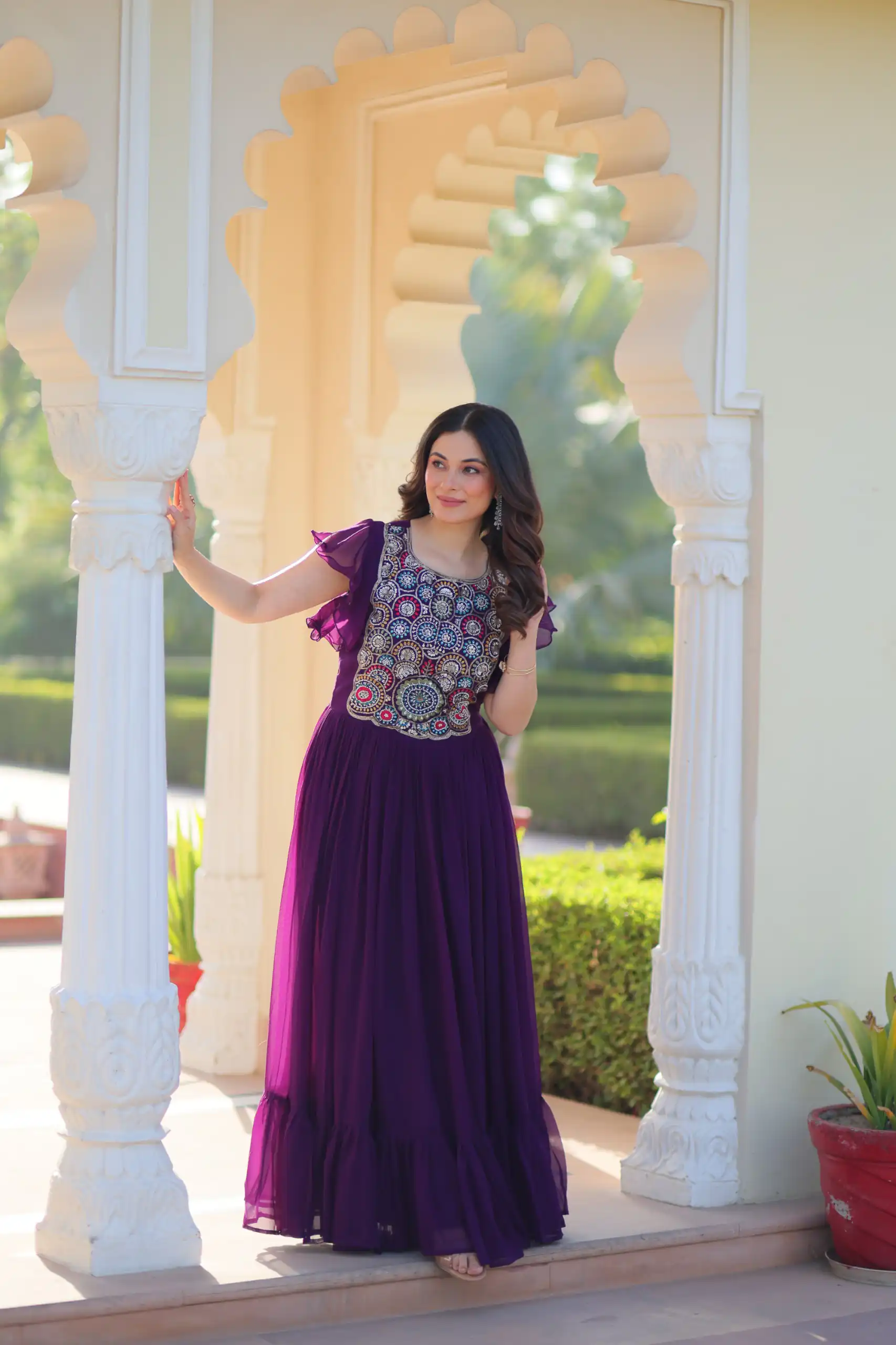 Alluring Purple Faux Blooming Embroidery Sequins Work Gown - Image 4