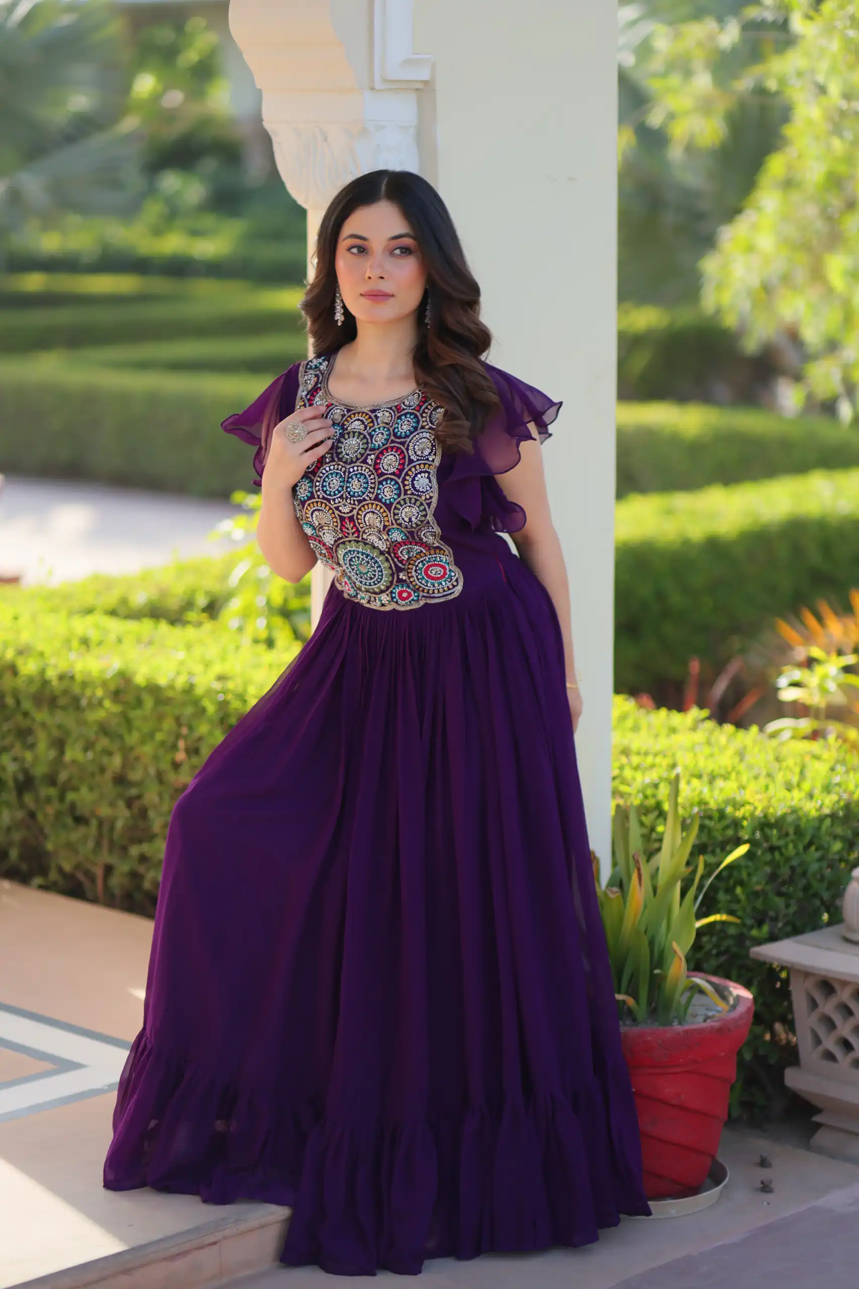 Alluring Purple Faux Blooming Embroidery Sequins Work Gown - Image 5
