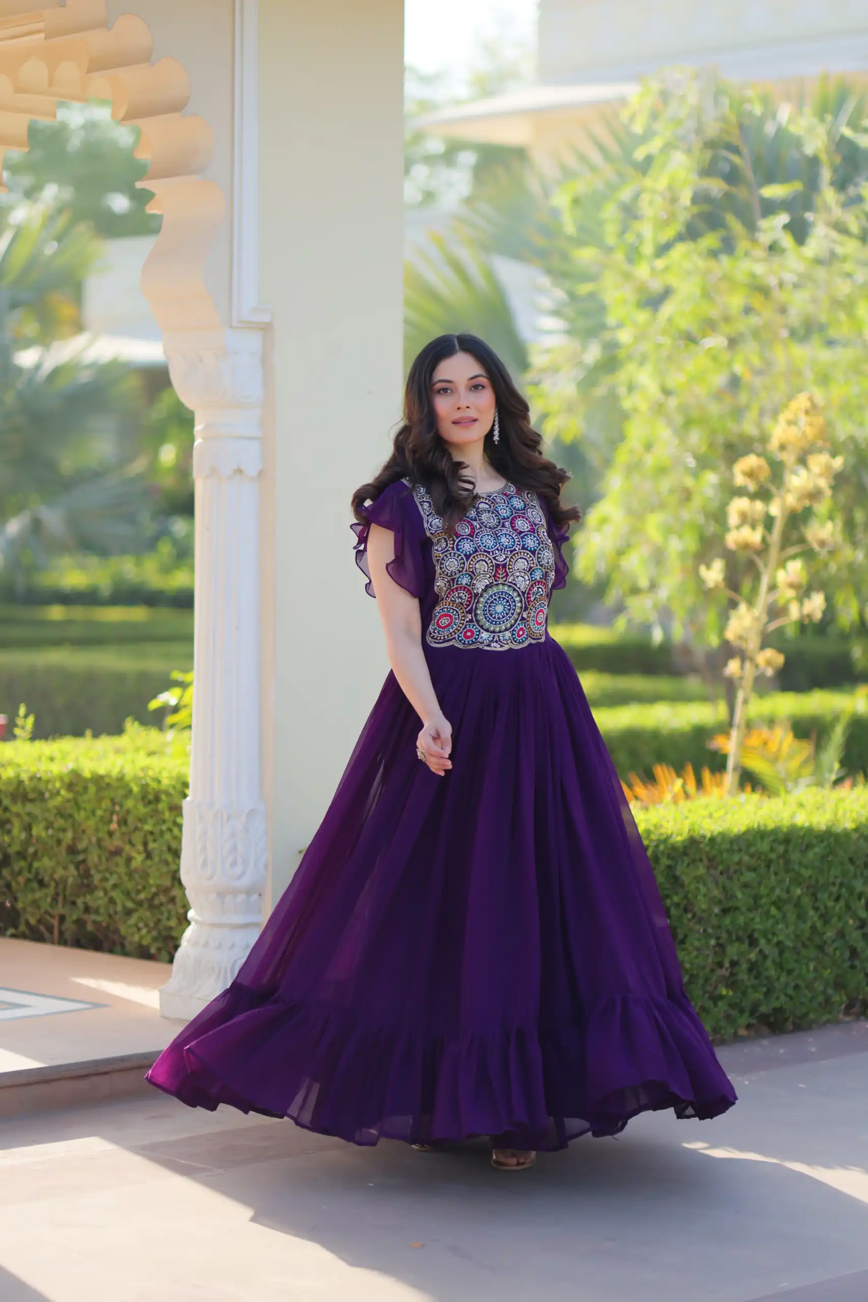 KA 1179 Purple Faux Blooming Gown with Embroidery Work & Sequins Work. Special Price ₹1769. Delivery 4-6 Working Days. Shop now. | Gowns, Bollywood Gowns, Creative Gowns, Designer Gowns, Embroidered Gowns, Party Wear Gowns