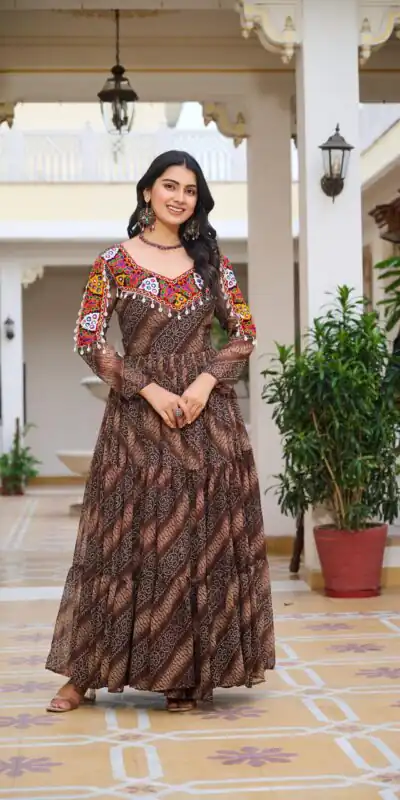 Ram 109 Brown Color Faux Georgette Gown with Mirror Work. Wedding, Party, Festive, Events Get it for ₹1999. Delivery 4-6 Working Days.Online Shop now. | Gowns, Bollywood Gowns, Creative Gowns, Designer Gowns, Embroidered Gowns, Party Wear Gowns