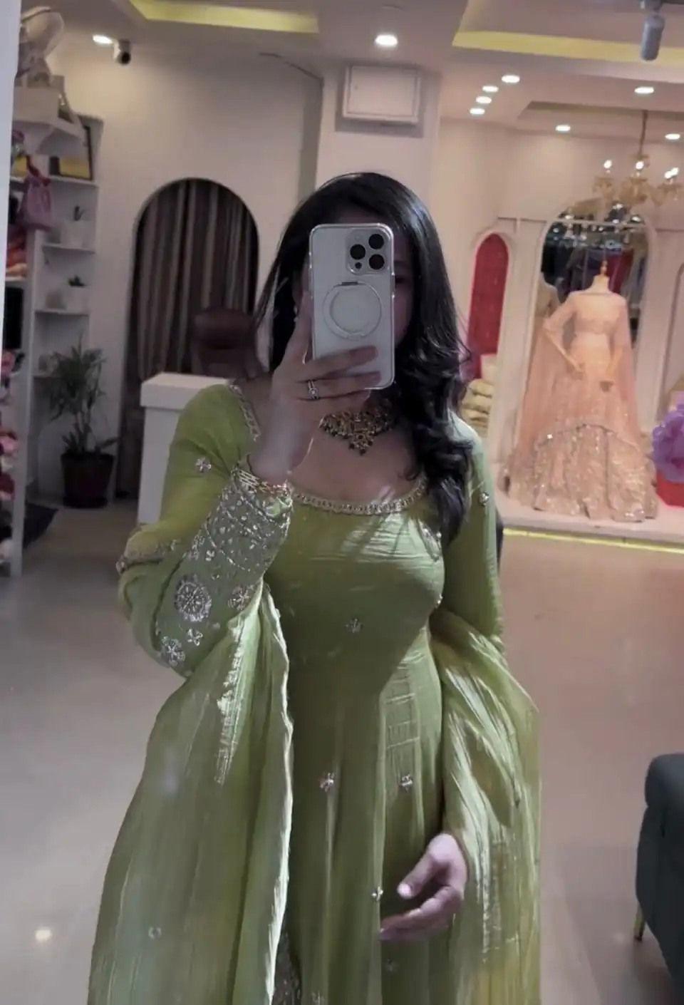 Elegant Parrot Green Crunchy Silk Embroidery Cut Work Gown - Image 3