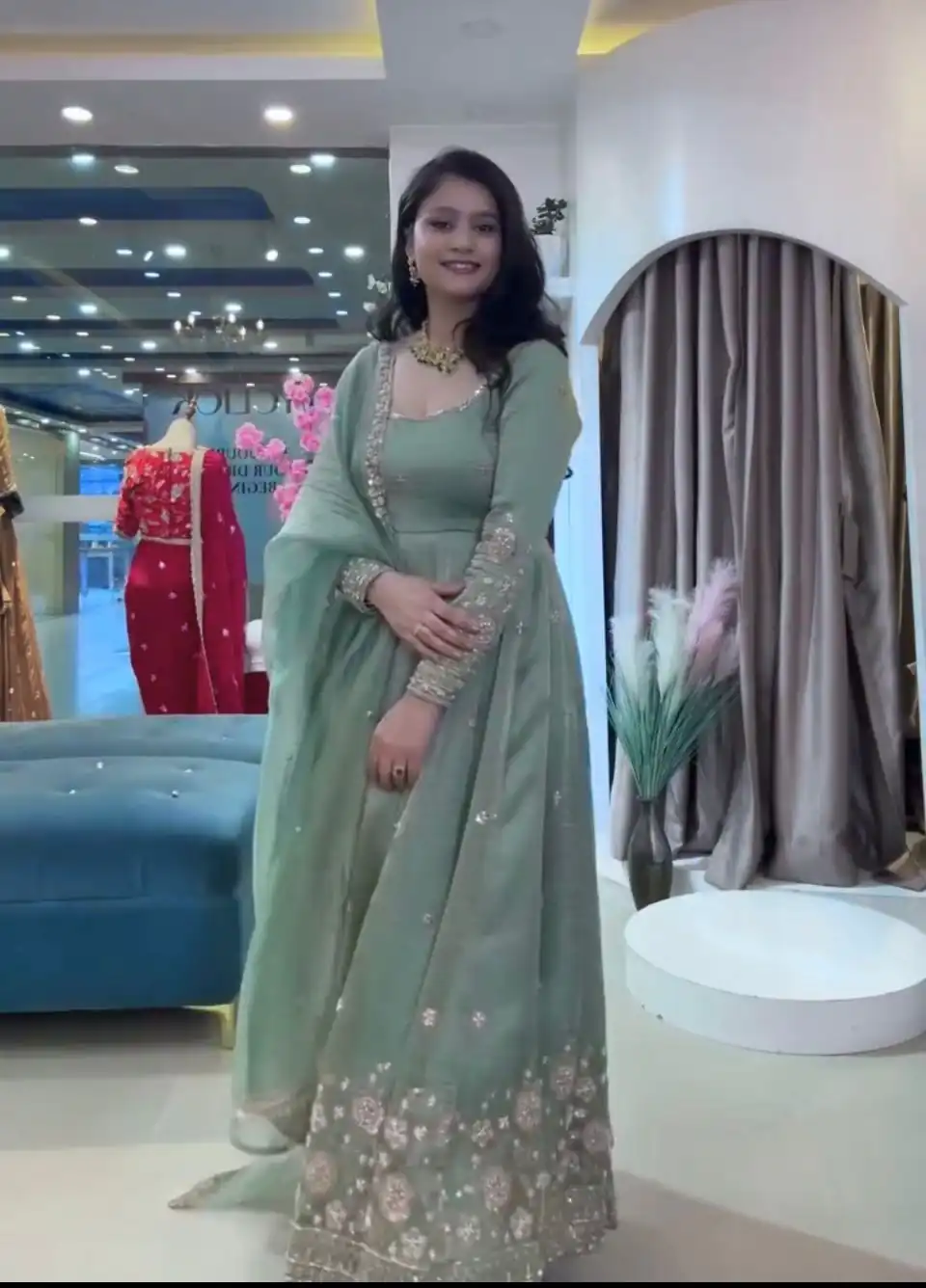 Elegant Sea Green Crunchy Silk Embroidery Cut Work Gown