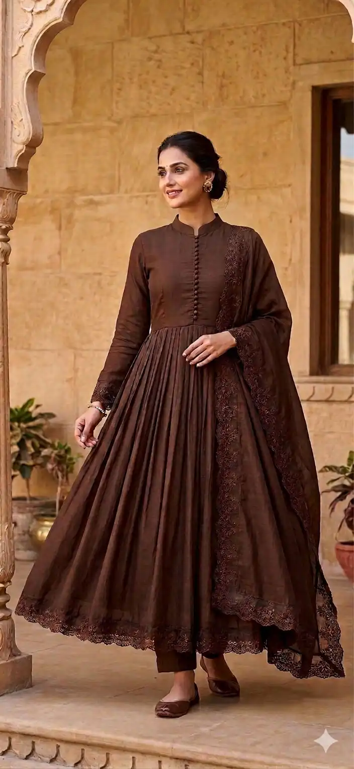 Fancy Brown Roman Silk Embroidery Cut Work Gown - Image 2