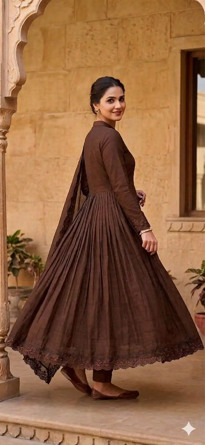 Fancy Brown Roman Silk Embroidery Cut Work Gown - Image 3