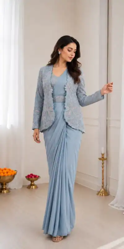 BB 62 Powder Blue Crap Silk Saree with Embroidery Work. Wedding, Party, Festive, Events Festive Deal ₹2499. Delivery 4-6 Working Days. Shop now. | Sarees, Bollywood Sarees, Creative Sarees, Designer Sarees, Embroidered Sarees, Ethnic Saree, Modern Digital sarees, Party Wear Sarees