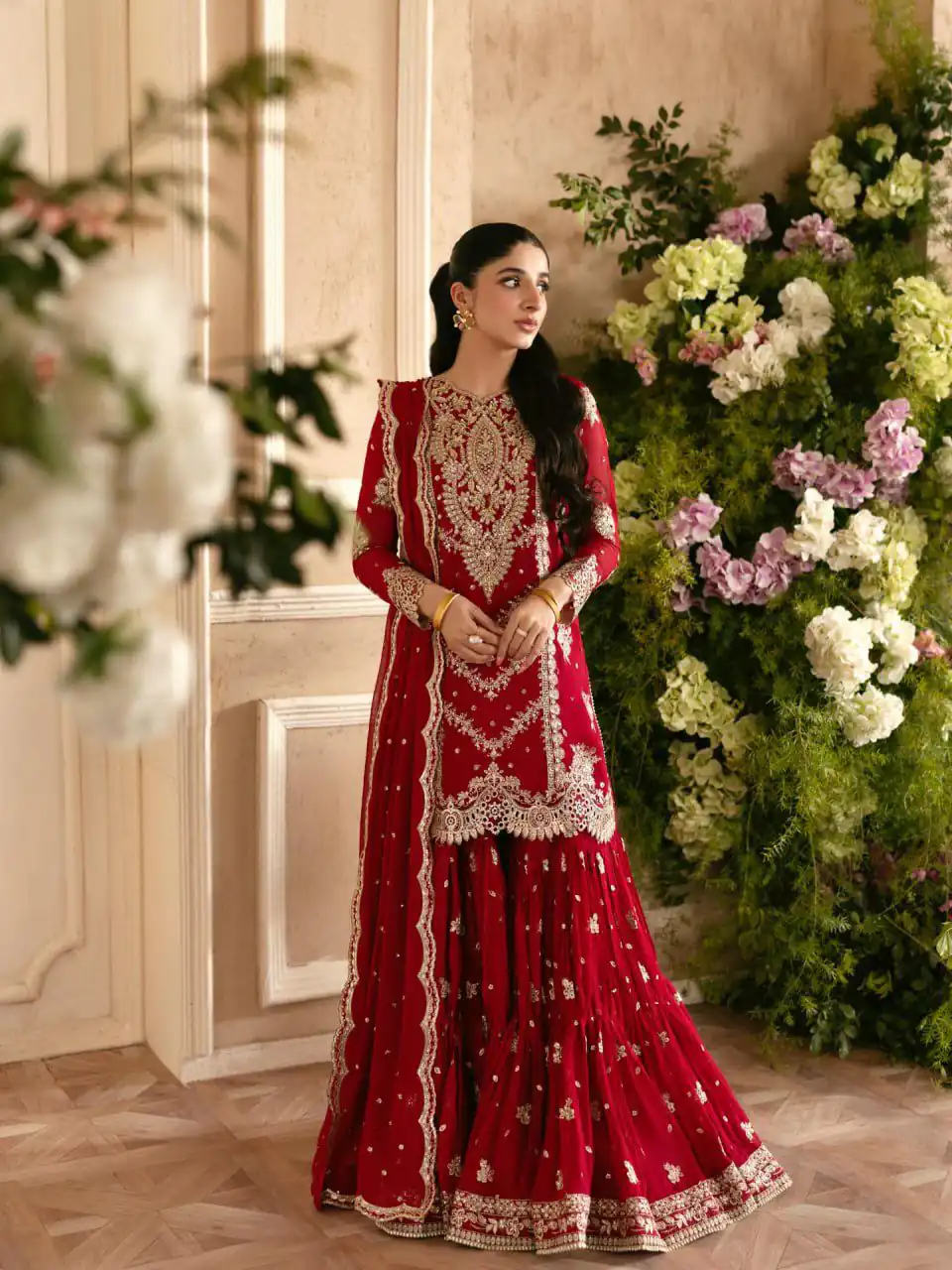 Fancy Red Faux Georgette Thread Work Salwar Suit