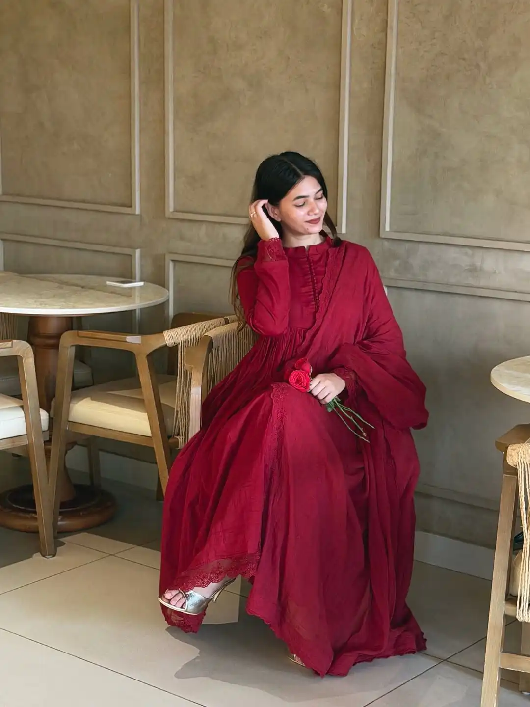 Fancy Red Roman Silk Embroidery Cut Work Gown - Image 3