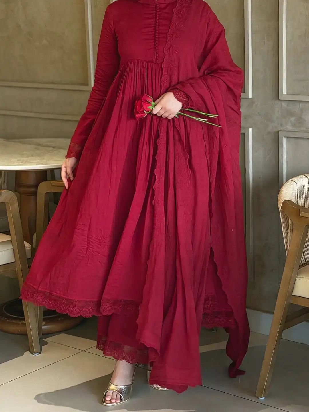 Fancy Red Roman Silk Embroidery Cut Work Gown - Image 4