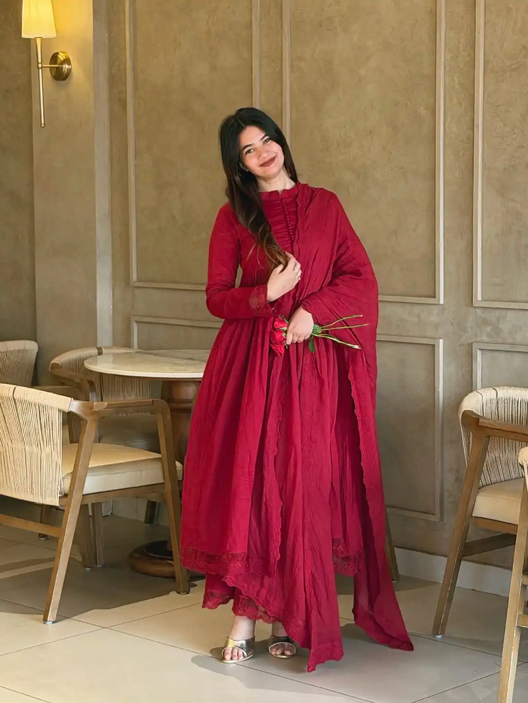 Fancy Red Roman Silk Embroidery Cut Work Gown