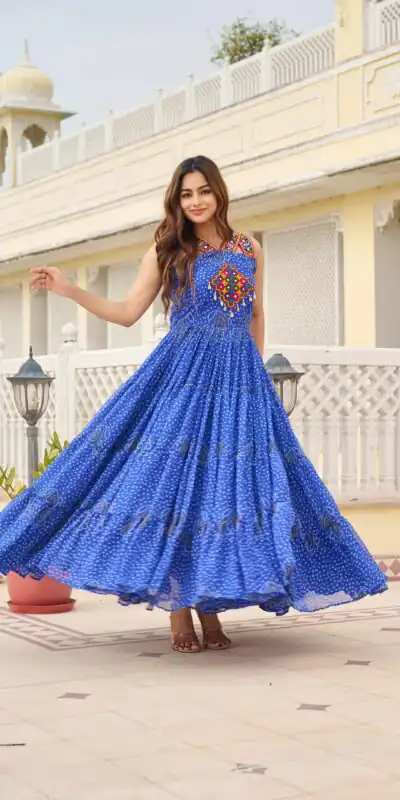 Alternative view of Graceful Blue Georgette Bandhni Print Mirror Work Gown