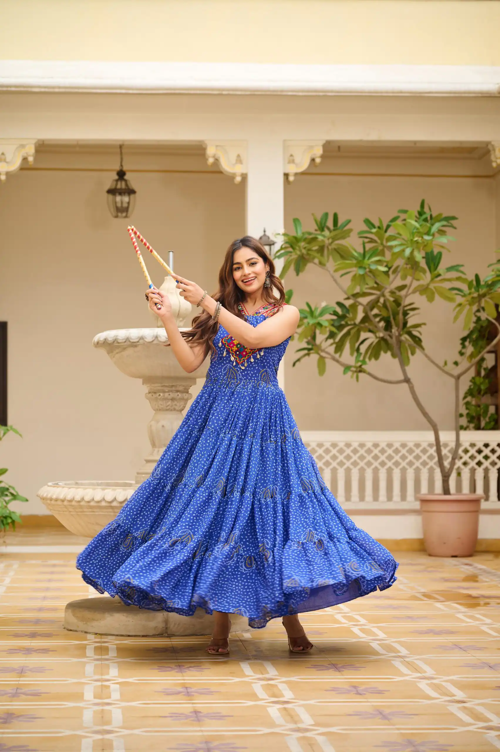 Graceful Blue Georgette Bandhni Print Mirror Work Gown - Image 3