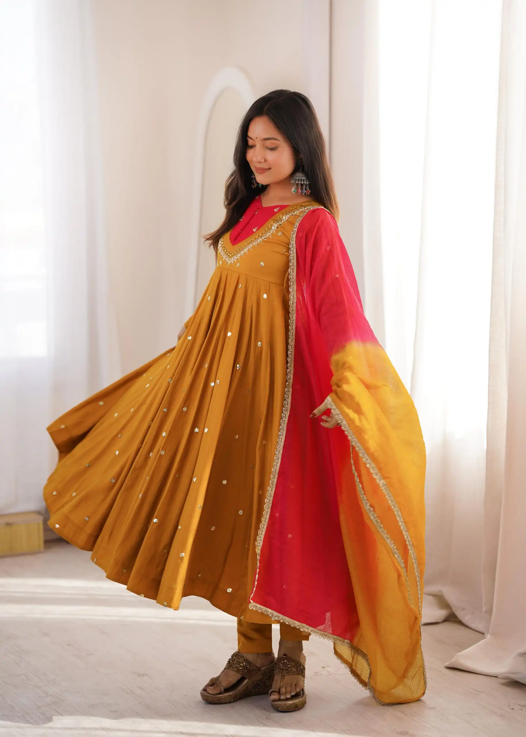 ZF 5023 Mustered Roman Silk Gown with Mirror Work & Embroidery Work. Special Price ₹2099. Delivery 4-6 Working Days. Shop now. | Gowns, Bollywood Gowns, Creative Gowns, Designer Gowns, Embroidered Gowns, Party Wear Gowns