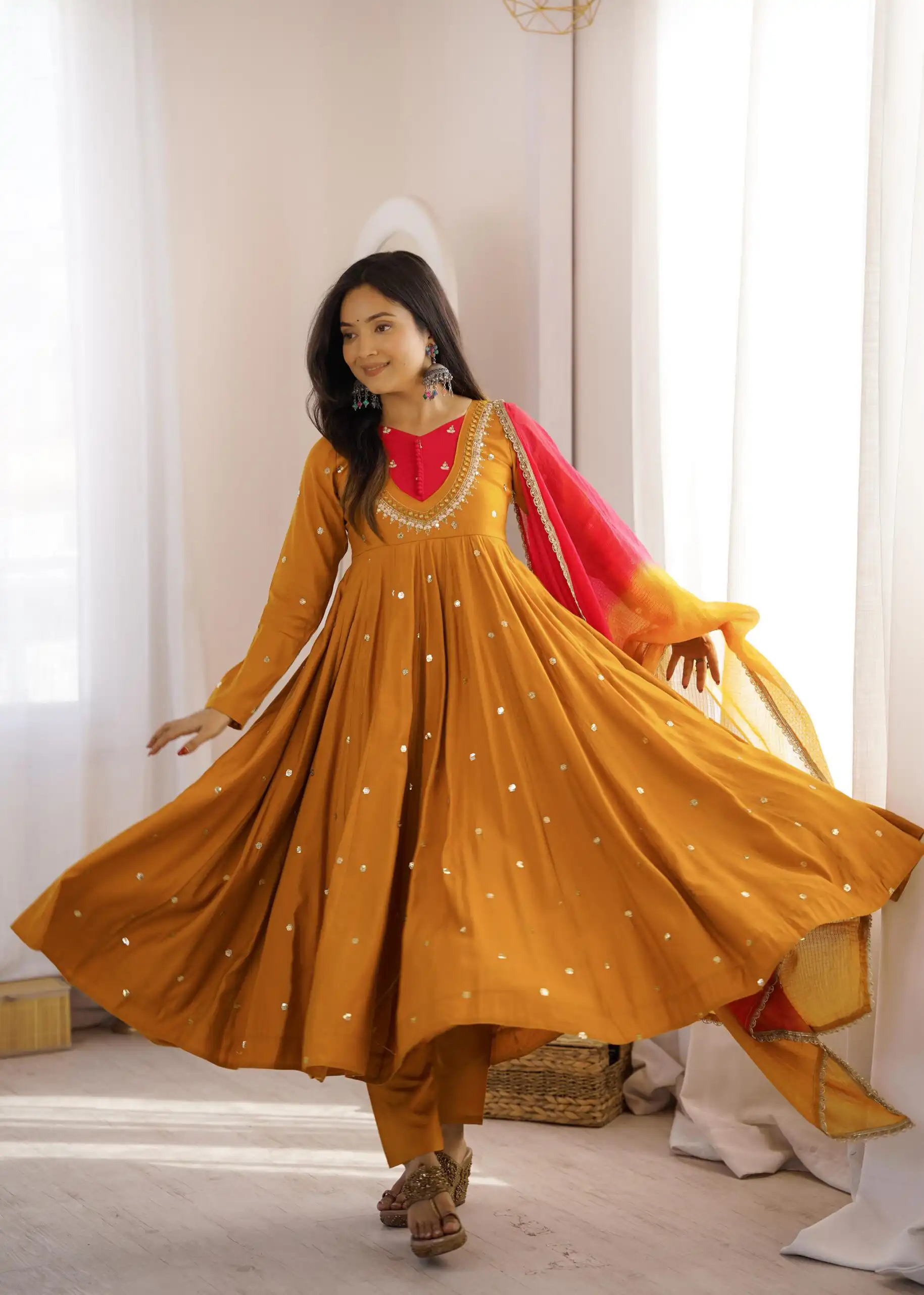ZF 5023 Mustered Roman Silk Gown with Mirror Work & Embroidery Work. Special Price ₹2099. Delivery 4-6 Working Days. Shop now. | Gowns, Bollywood Gowns, Creative Gowns, Designer Gowns, Embroidered Gowns, Party Wear Gowns