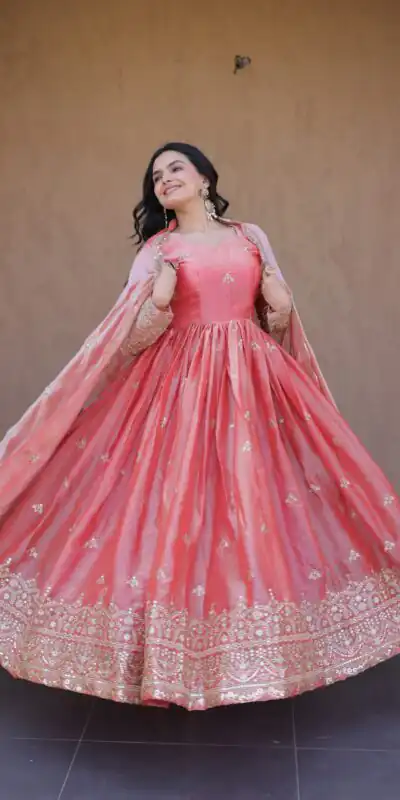 KA 1260 Gajri Color Fendi Silk Gown with Embroidery Work & Zari Work. Now at just ₹2599. Delivery 4-6 Working Days. Shop now. | Gowns, Bollywood Gowns, Creative Gowns, Designer Gowns, Embroidered Gowns, Party Wear Gowns