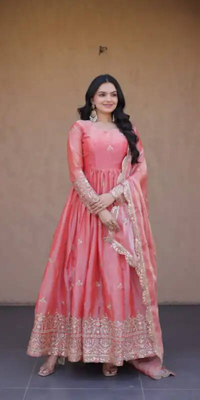KA 1260 Gajri Color Fendi Silk Gown with Embroidery Work & Zari Work. Now at just ₹2599. Delivery 4-6 Working Days. Shop now. | Gowns, Bollywood Gowns, Creative Gowns, Designer Gowns, Embroidered Gowns, Party Wear Gowns