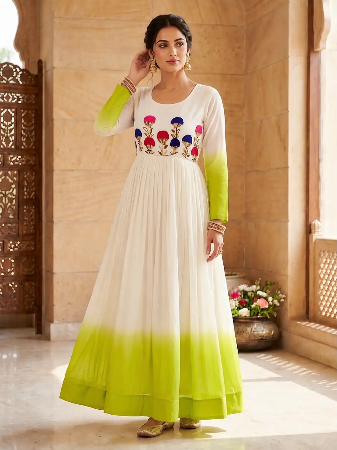 Pretty Green Star Georgette Thread Embroidery Work Gown - Image 3