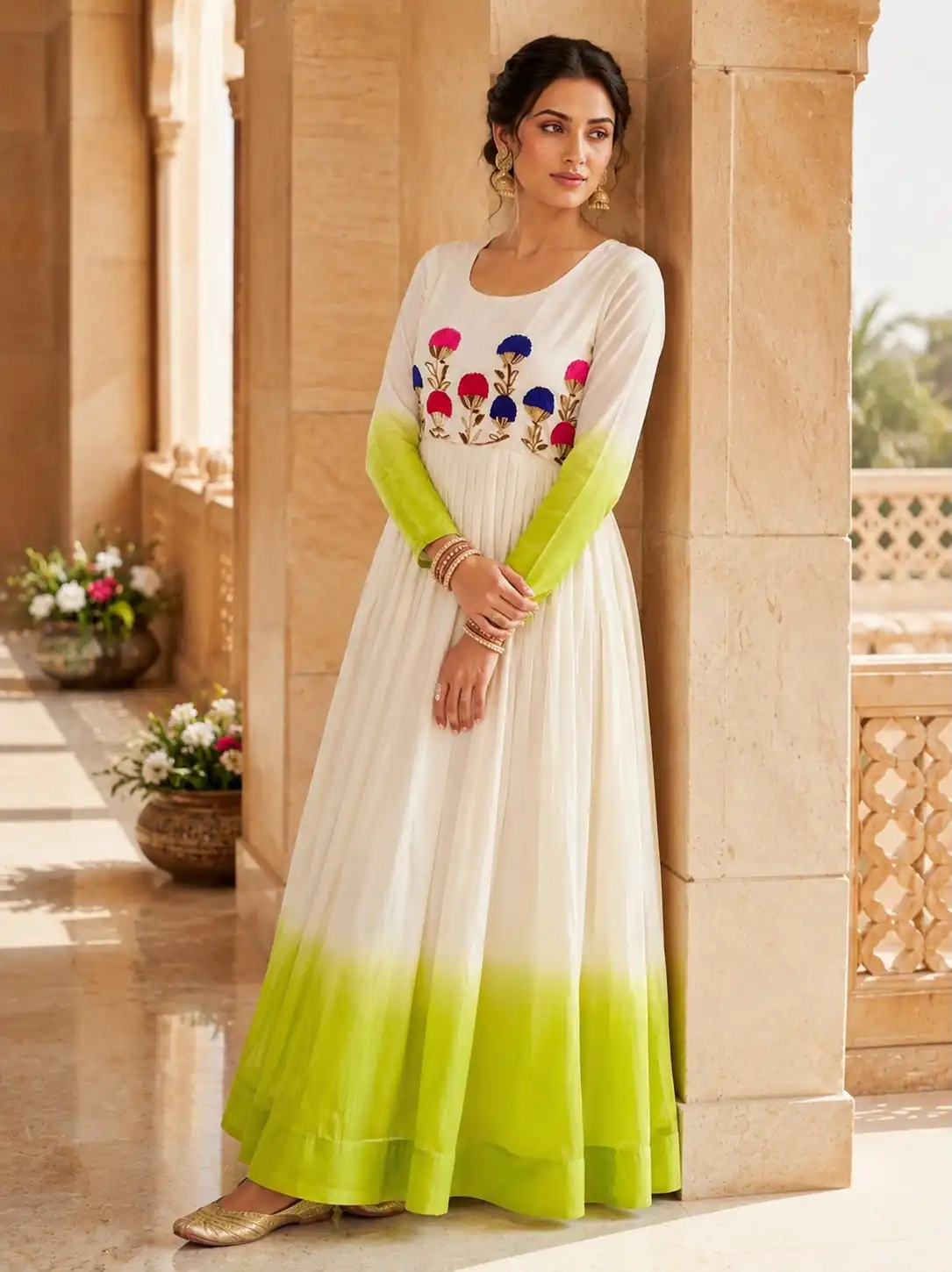 Pretty Green Star Georgette Thread Embroidery Work Gown - Image 4