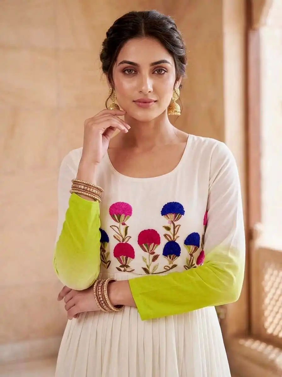 Pretty Green Star Georgette Thread Embroidery Work Gown - Image 5