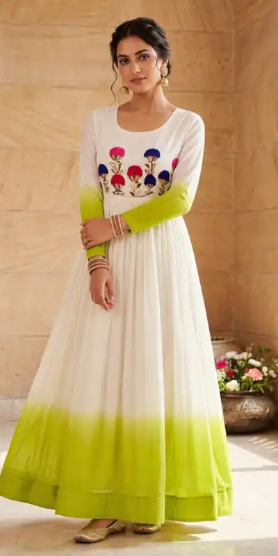 KA 1263 Green |Star Georgette Gown with Thread Embroidery & Embroidery Work. Special Price ₹1669. Delivery 4-6 Working Days. Shop now. | Gowns, Bollywood Gowns, Creative Gowns, Designer Gowns, Embroidered Gowns, Party Wear Gowns