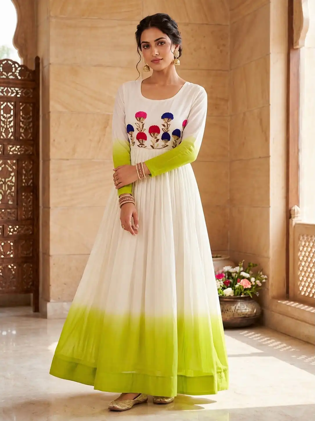 Pretty Green Star Georgette Thread Embroidery Work Gown