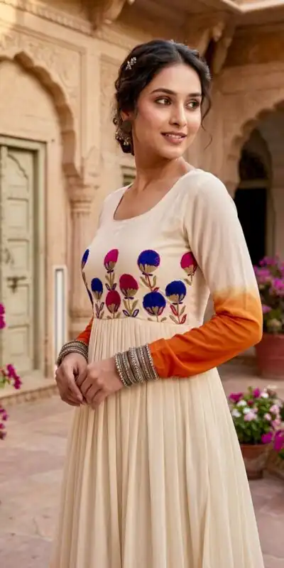 Alternative view of Pretty Orange Star Georgette Thread Embroidery Work Gown