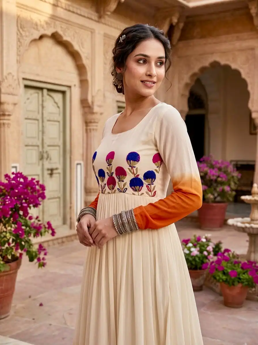 Pretty Orange Star Georgette Thread Embroidery Work Gown - Image 2