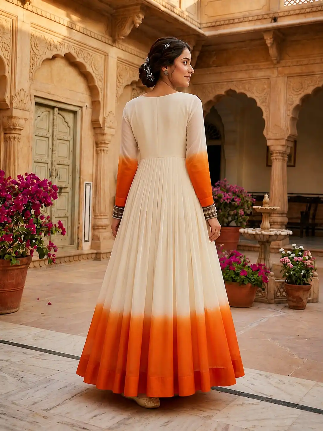 Pretty Orange Star Georgette Thread Embroidery Work Gown - Image 3